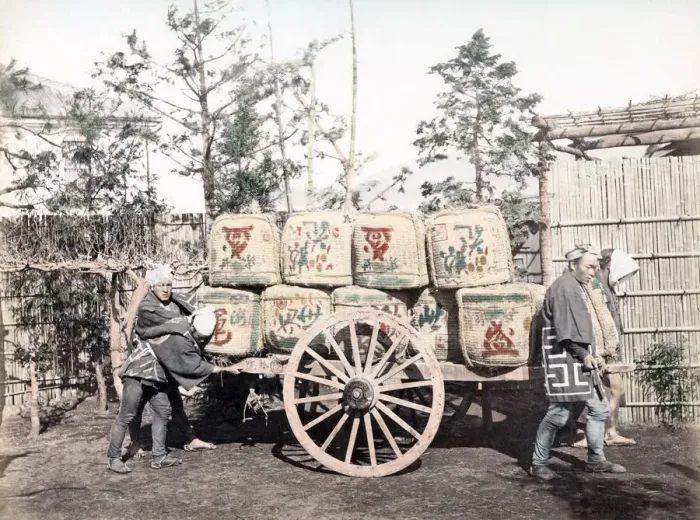 Framed Print : c. 1880s Japan - wheeled cart with bales Framed Print : c. 1880s Japan - wheeled cart with bales