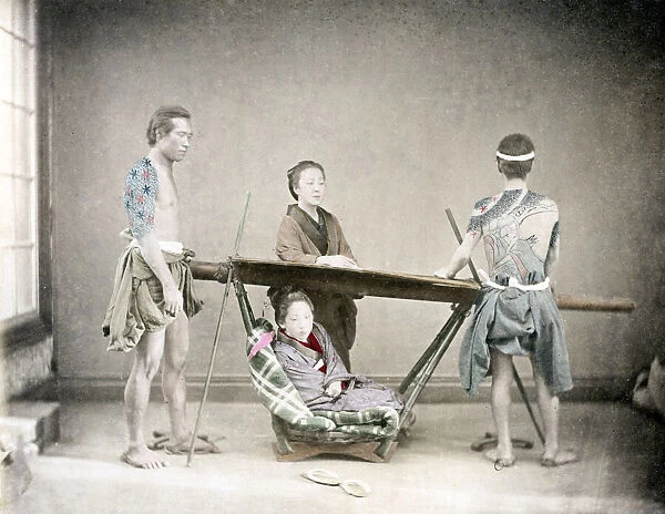 c. 1880s Japan - woman in sedan chair tattooed bearers
