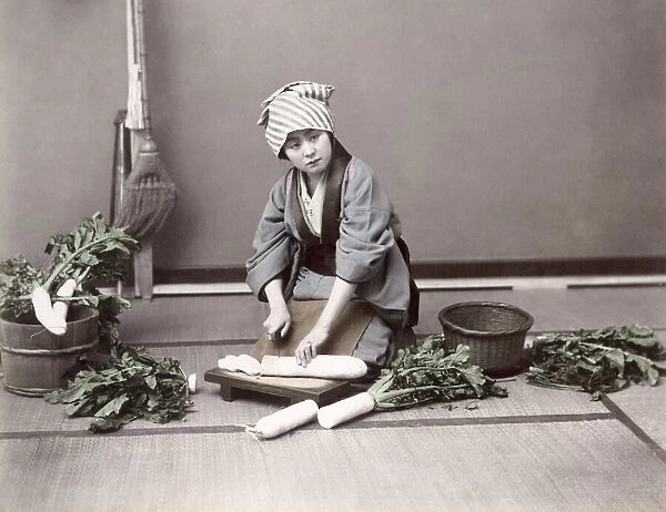 c. 1880s Japan - young woman preparing vegetables