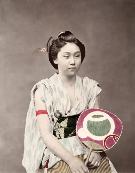 Framed Print : c. 1880s Japan - young woman summer clothing, fan Framed Print : c. 1880s Japan - young woman summer clothing, fan