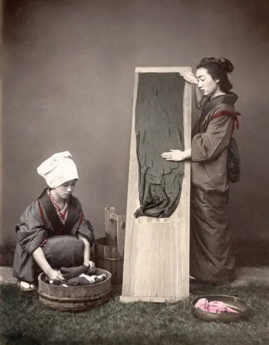 Framed Print : c. 1880s Japan - young women doing laundry Framed Print : c. 1880s Japan - young women doing laundry