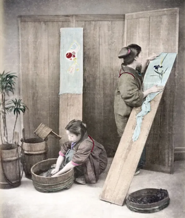 Framed Print : c. 1880s Japan - young women doing washing Framed Print : c. 1880s Japan - young women doing washing