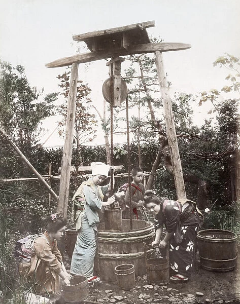 c. 1880s Japan - young women drawing water from a well
