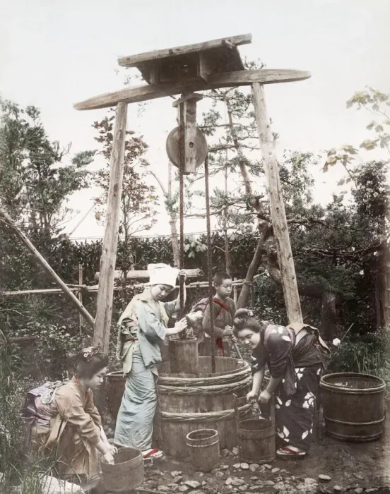 Framed Print : c. 1880s Japan - young women drawing water from a well Framed Print : c. 1880s Japan - young women drawing water from a well