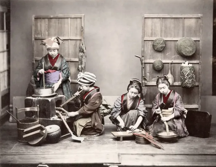 Framed Print : c. 1880s Japan - young women preparing a meal Framed Print : c. 1880s Japan - young women preparing a meal