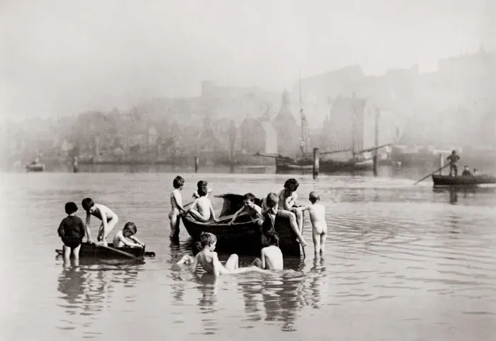 Framed Print : c. 1880s North East England - Whitby: The Water Rats - boys playing in the water Framed Print : c. 1880s North East England - Whitby: The Water Rats - boys playing in the water