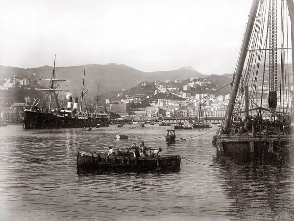 c. 1890 Italy - boats, ships in harbour Genoa Genova
