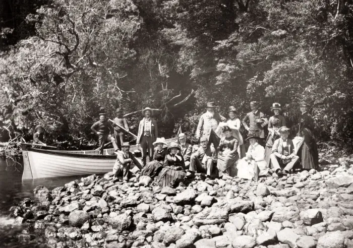 Framed Print : c. 1890 New Zealand - tourist group with boat at George Sound Framed Print : c. 1890 New Zealand - tourist group with boat at George Sound
