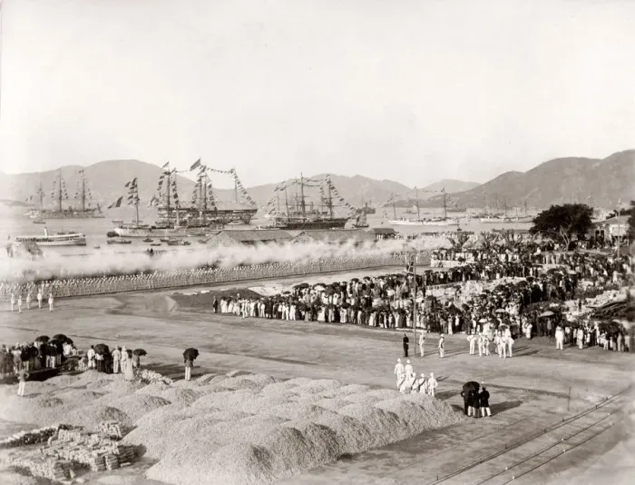 Framed Print : c. 1890s / 1900 Hong kong dockside military ceremony Framed Print : c. 1890s / 1900 Hong kong dockside military ceremony