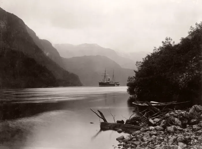 Framed Print : c. 1890s boat in the Sound at Wet Jacket Arm, New Zealand Framed Print : c. 1890s boat in the Sound at Wet Jacket Arm, New Zealand