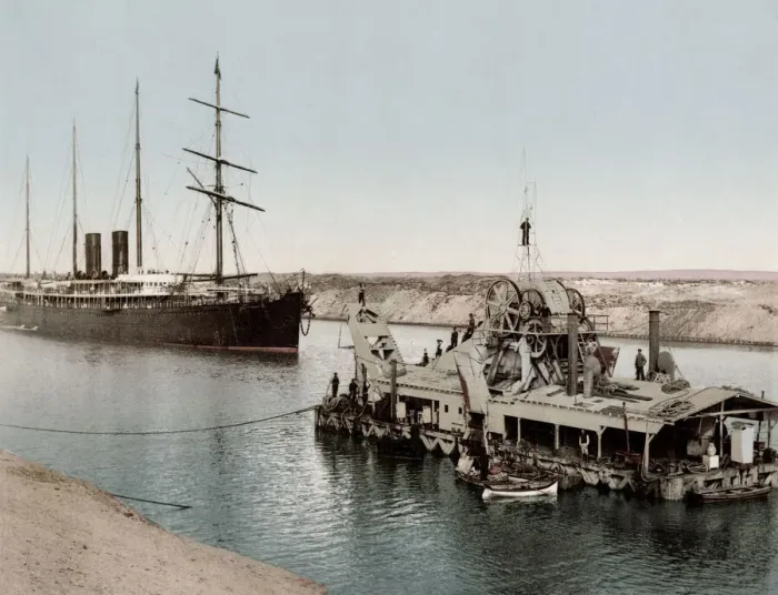 Framed Print : c. 1890s Egypt - dredger and ship on the Suez Canal Framed Print : c. 1890s Egypt - dredger and ship on the Suez Canal