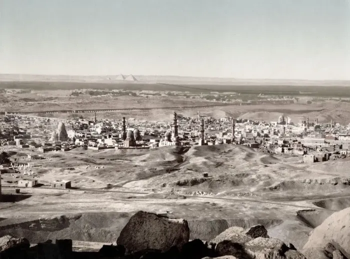 Framed Print : c. 1890s Egypt - view of Cairo towards the pyramids Framed Print : c. 1890s Egypt - view of Cairo towards the pyramids