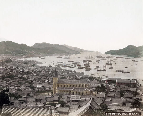 c. 1890s - Japan - harbour at Nagasaki with cathedral