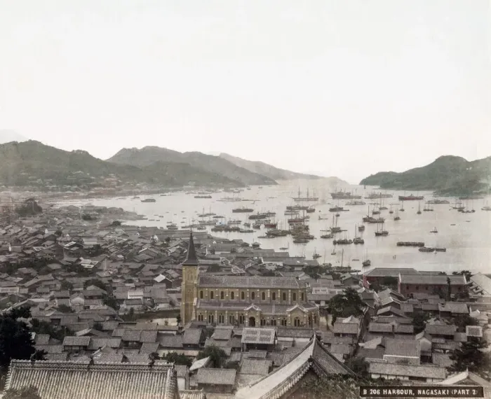 Framed Print : c. 1890s - Japan - harbour at Nagasaki with cathedral Framed Print : c. 1890s - Japan - harbour at Nagasaki with cathedral