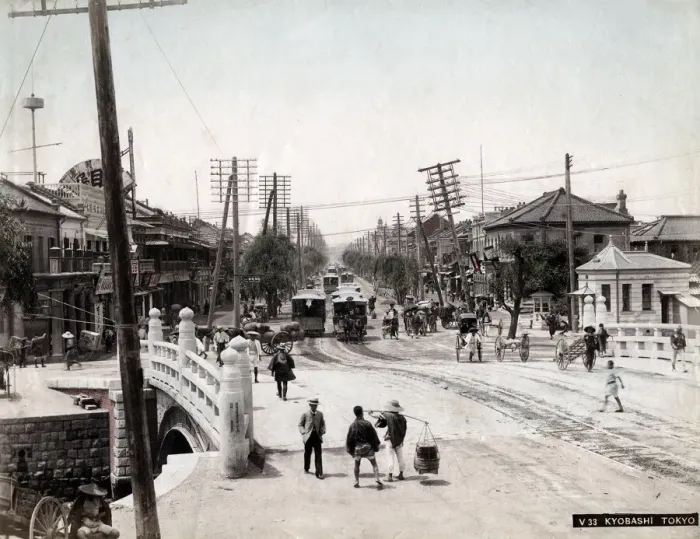 Framed Print : c. 1890s Japan - Shinbashi, bridge, and traffic, Tokyo Framed Print : c. 1890s Japan - Shinbashi, bridge, and traffic, Tokyo