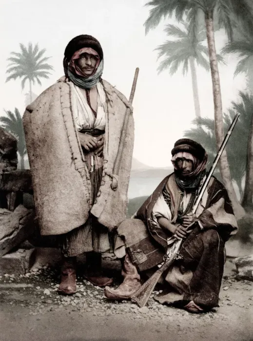 Framed Print : c. 1890s two Syrian bedouin men with a gun Framed Print : c. 1890s two Syrian bedouin men with a gun