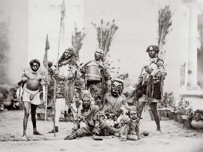 Framed Print : c. 1890s - tribal dancers in costume, drums and spears Framed Print : c. 1890s - tribal dancers in costume, drums and spears