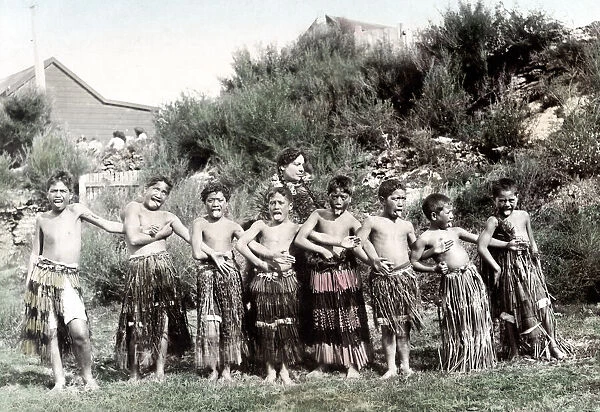 c. 1900 New Zealand - Maori boys in grass skirts