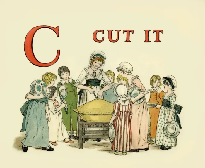 Framed Print : C Cut it. From A Apple Pie the iconic picture book by Kate Greenaway Date: 1886 Framed Print : C Cut it. From A Apple Pie the iconic picture book by Kate Greenaway Date: 1886