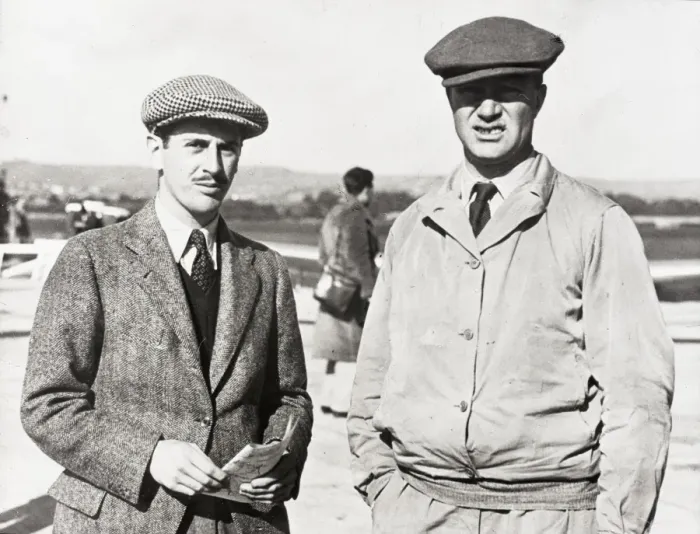 Framed Print : C. W. A. Scott, right, and his co-pilot Giles Guthrie prio? Framed Print : C. W. A. Scott, right, and his co-pilot Giles Guthrie prio?