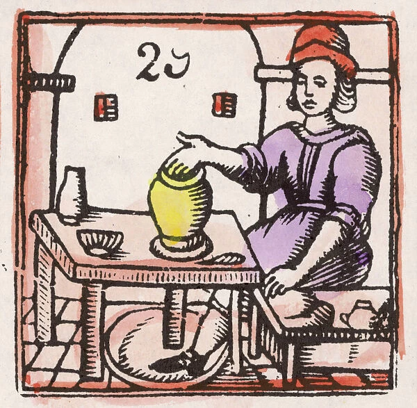 C17 Potter / Woodcut. A potter at his wheel, turned by his foot