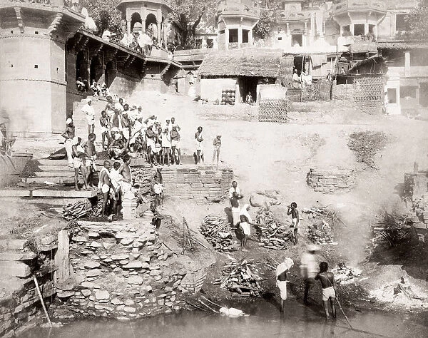 India Varanasi Ganges River Bank Burning Ghat Steps Benares Stereoview F165 