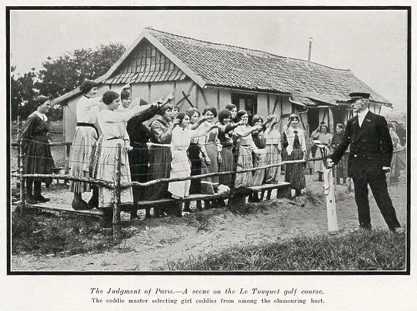 Caddie master selecting girl caddies at Le Touquet, 1914