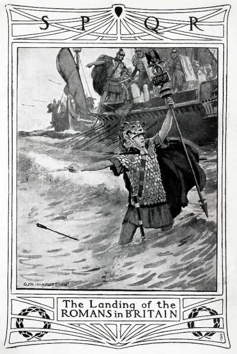 Framed Print : Caesar and five Roman legions land on the English coast following the limited success of the first expedition. Date: 54 BC Framed Print : Caesar and five Roman legions land on the English coast following the limited success of the first expedition. Date: 54 BC