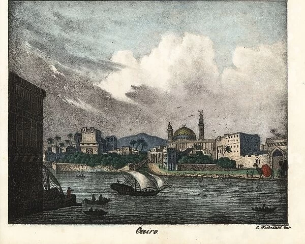 Cairo, Egypt, with a dhow on the water, camels and mosque