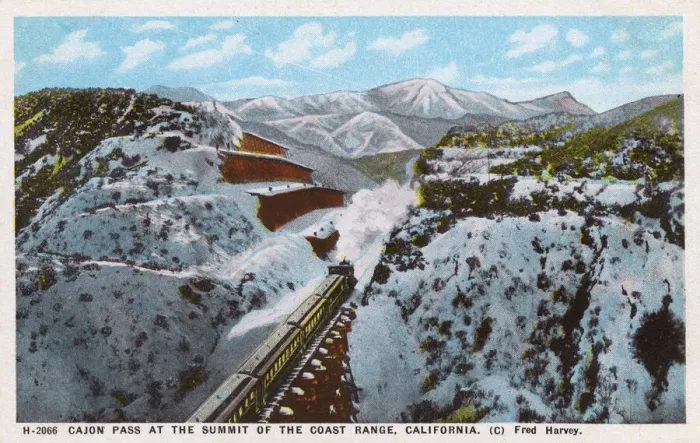 Framed Print : Cajon Pass on Coast Range with train, California, USA Framed Print : Cajon Pass on Coast Range with train, California, USA