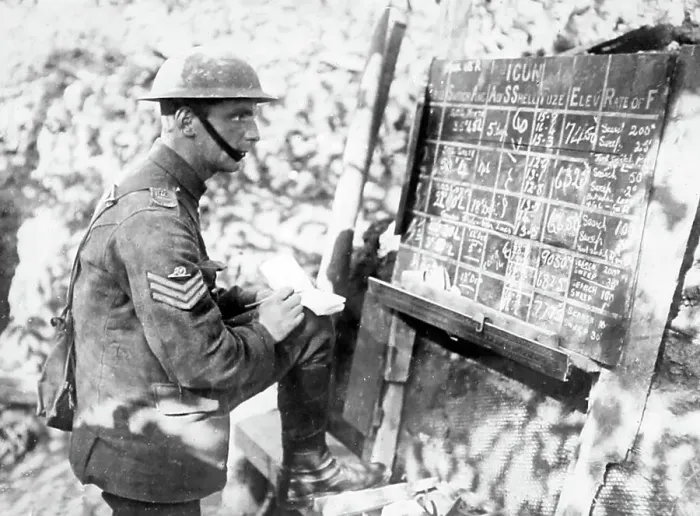 Framed Print : Calculating gun elevation levels in a trench during WW1 Framed Print : Calculating gun elevation levels in a trench during WW1