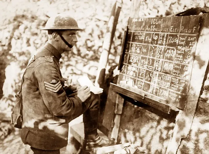 Framed Print : Calculating gun elevation levels in a trench during WW1 Framed Print : Calculating gun elevation levels in a trench during WW1