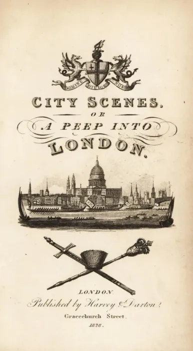 Framed Print : Calligraphic title page with vignette of the city of London Framed Print : Calligraphic title page with vignette of the city of London