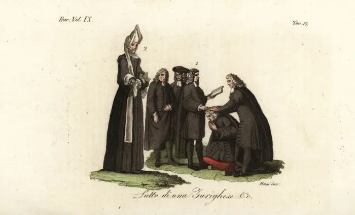 Framed Print : Calvinist priests laying hands on a man, Switzerland Framed Print : Calvinist priests laying hands on a man, Switzerland