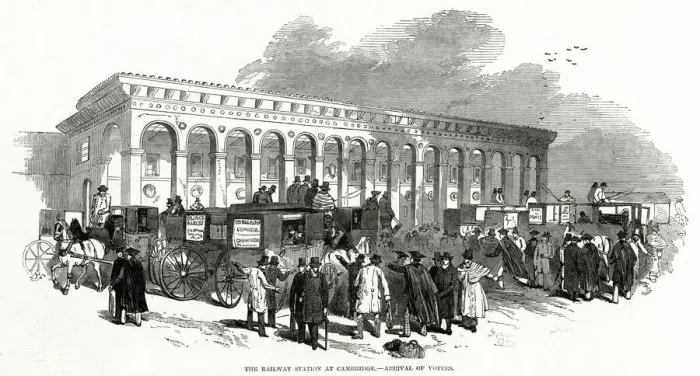Framed Print : Cambridge railway station-arrival of voters 1847 Framed Print : Cambridge railway station-arrival of voters 1847