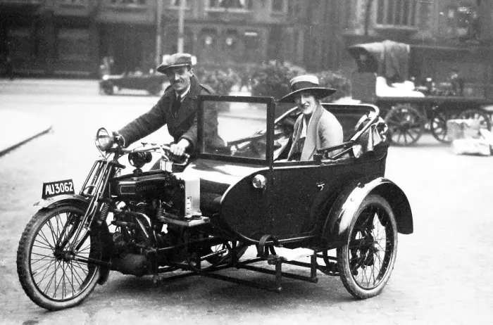Framed Print : Campion motorbike taxi in Trinity Square Nottingham in 1927 Framed Print : Campion motorbike taxi in Trinity Square Nottingham in 1927