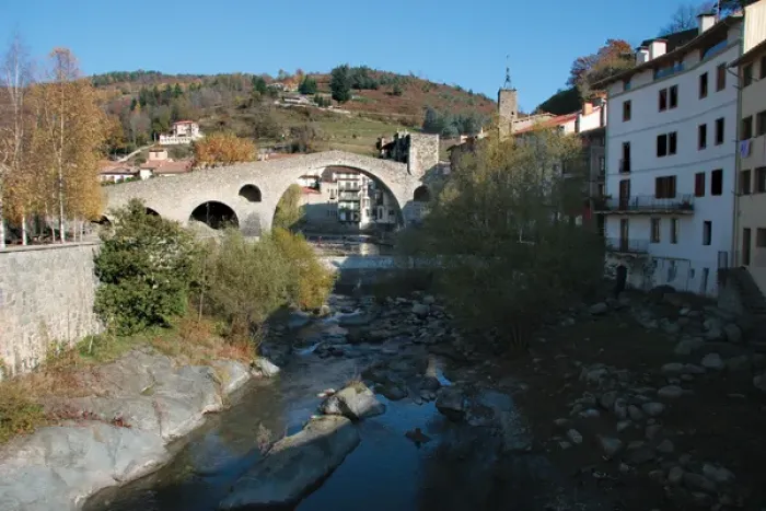 Framed Print : Camprodon. View of the New Bridge (Pont Nou) on the river T Framed Print : Camprodon. View of the New Bridge (Pont Nou) on the river T