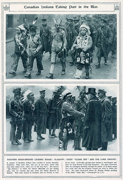Canadian Indians in traditional dress taking part in the war. Date: 1916