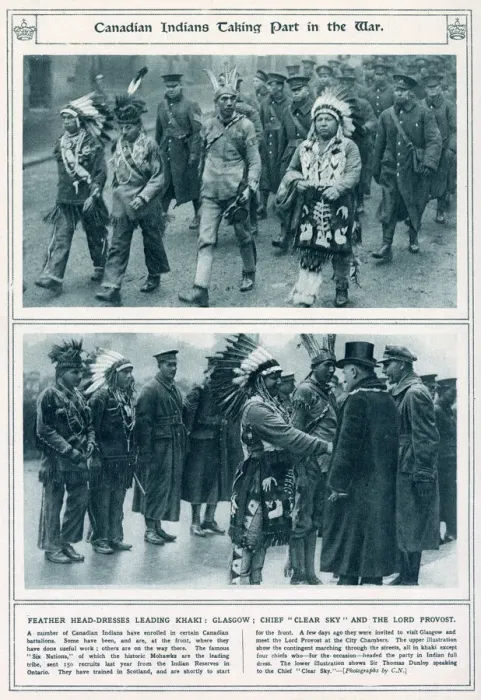Framed Print : Canadian Indians in traditional dress taking part in the war. Date: 1916 Framed Print : Canadian Indians in traditional dress taking part in the war. Date: 1916