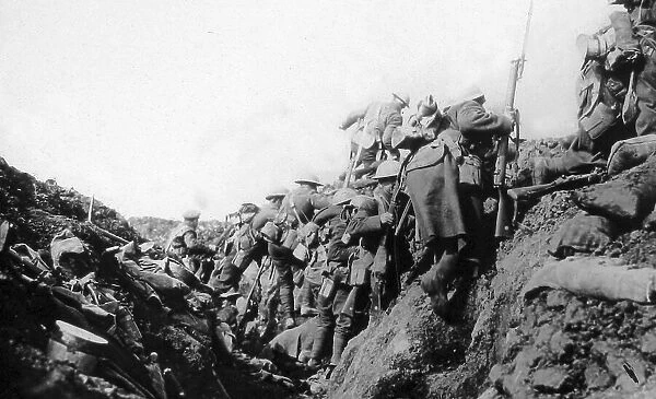 Canadian troops in a Somme trench going over
