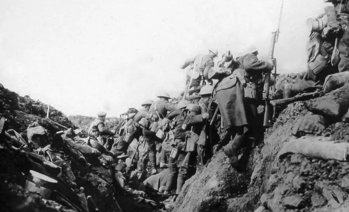 Framed Print : Canadian troops in a Somme trench going over Framed Print : Canadian troops in a Somme trench going over