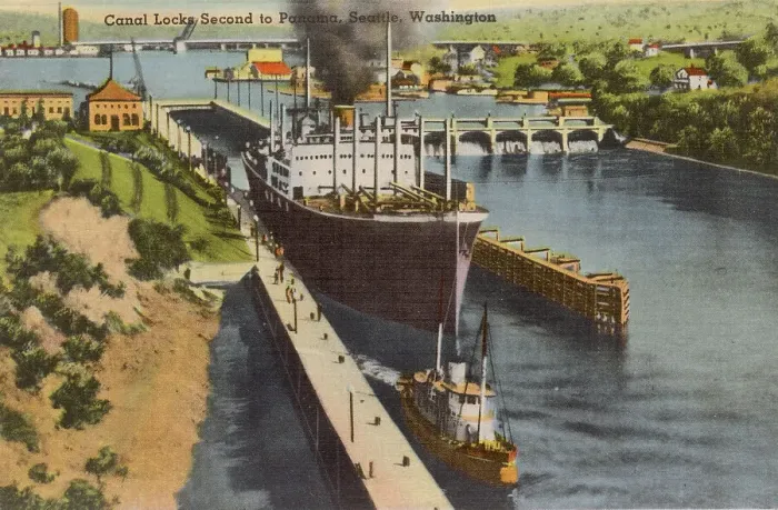Framed Print : Canal Locks (second to Panama), Seattle, Washington State, USA Date: circa 1940 Framed Print : Canal Locks (second to Panama), Seattle, Washington State, USA Date: circa 1940