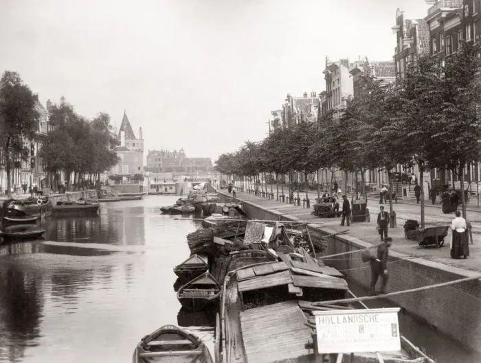 Framed Print : Canal scene with boats, Netherland, Holland, 1890 s Framed Print : Canal scene with boats, Netherland, Holland, 1890 s