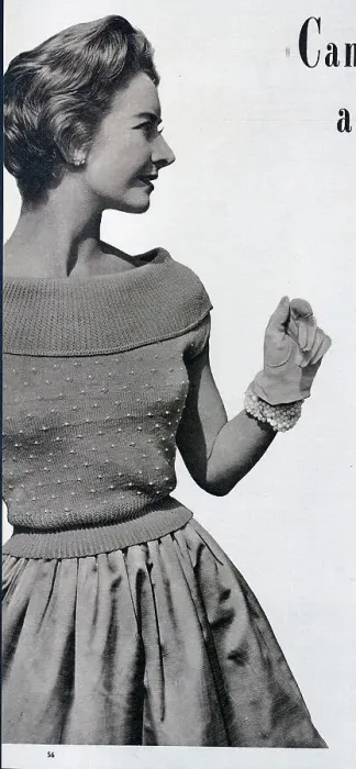 Framed Print : A canoe-necked knitted top, with a beaded design. Date: 1954 Framed Print : A canoe-necked knitted top, with a beaded design. Date: 1954