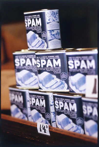 Cans of Spam 1940S. Canned Spam luncheon meat, priced at 1 4D 