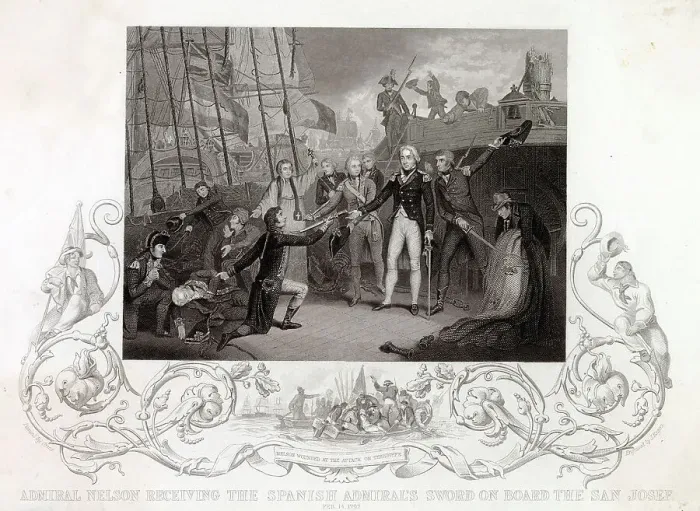 Framed Print : CAPE ST VINCENT Nelson on board the San Josef receives the sword of the defeated Spanish Admiral Don Juan de Langara Date: 14 February 1797 Framed Print : CAPE ST VINCENT Nelson on board the San Josef receives the sword of the defeated Spanish Admiral Don Juan de Langara Date: 14 February 1797