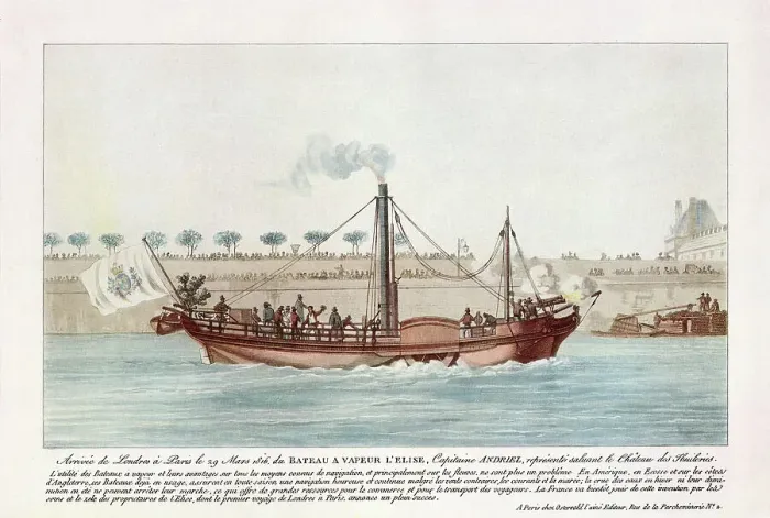 Framed Print : Capitaine Andriel fires his gun in salute as he passes the Palais des Tuileries, Paris, after sailing from London in his paddle steamer. Date: 29 March 1816 Framed Print : Capitaine Andriel fires his gun in salute as he passes the Palais des Tuileries, Paris, after sailing from London in his paddle steamer. Date: 29 March 1816