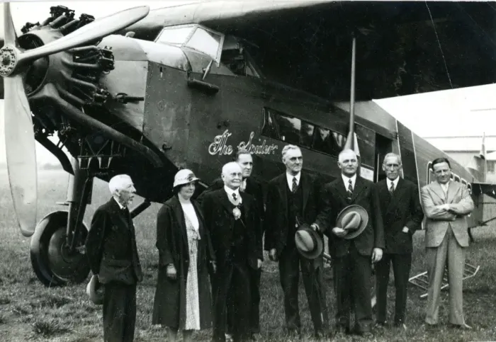 Framed Print : Capt C. D. Barnard, fourth from left, pilot, in front of ? Framed Print : Capt C. D. Barnard, fourth from left, pilot, in front of ?