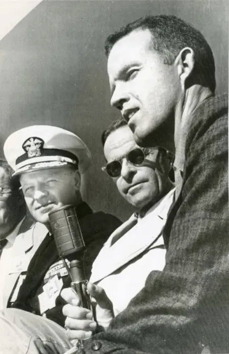 Framed Print : Capt Leroy Cooper, right, with Admiral Hills and Joachi? Framed Print : Capt Leroy Cooper, right, with Admiral Hills and Joachi?