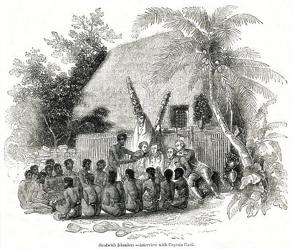 Captain Cook receives gifts from Sandwich Island natives